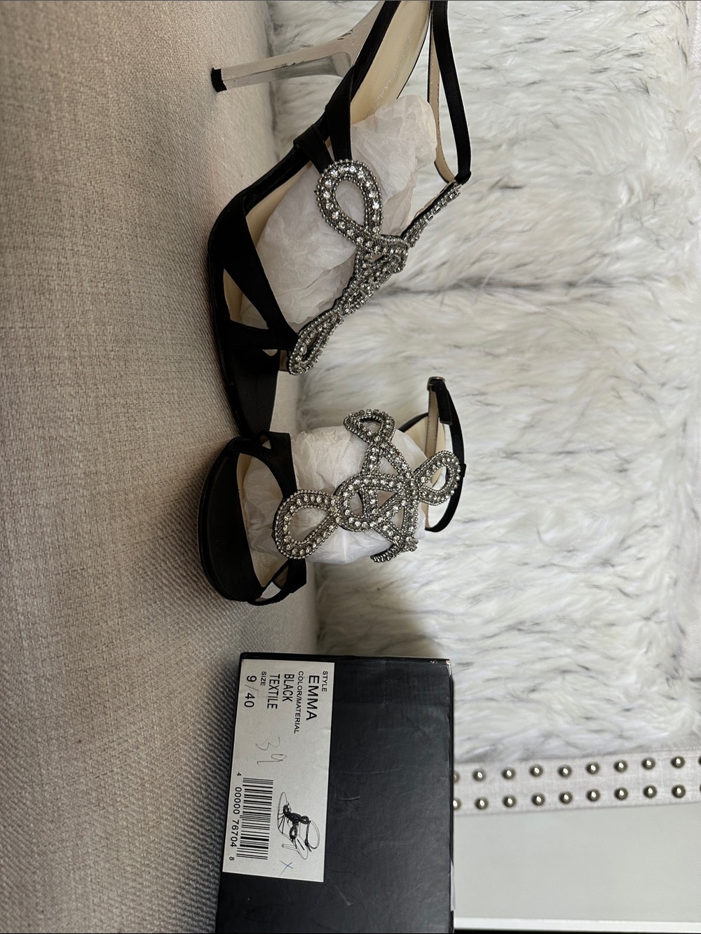 BCBGMaxAzria Black Satin Heels with Crystal Bow Accent